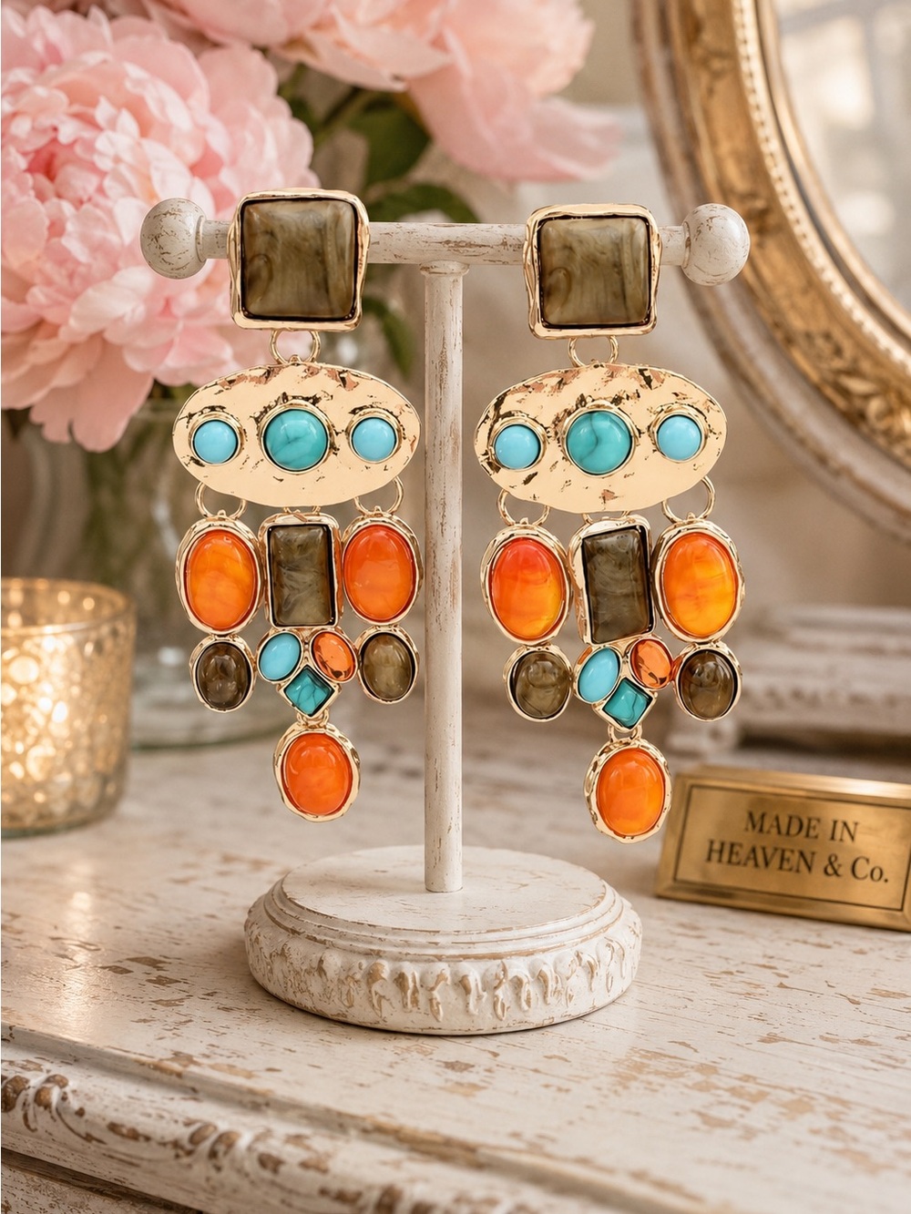 Gold-Tone Orange and Turquoise Statement Drop Earrings
